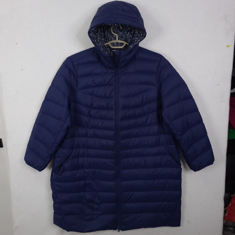 Lands' End Puffer Coat Women 2X 20W-22W Navy Blue Long Down Hooded Parka Jacket